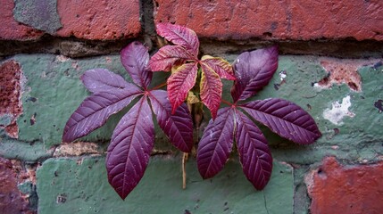 Crimson leaves sprout from brickwork