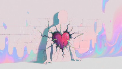 A surreal illustration of a faceless figure breaking through a wall, revealing a vibrant heart, symbolizing emotional vulnerability and expression.