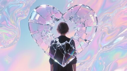 A figure stands before a shattered heart, symbolizing emotional fragility against a vibrant, ethereal background.