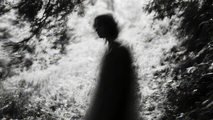 Fototapeta premium A blurred silhouette of a person amidst a lush, shadowy forest creates a mysterious and ethereal atmosphere.