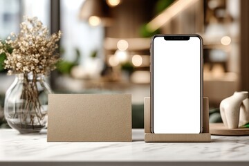 Elegant smartphone and blank card mockup on a stylish marble desk setup