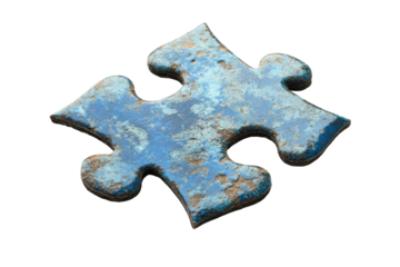 Blue metallic puzzle pieces isolated on transparent background. Blue textured puzzle piece with a rough surface isolated on white background.