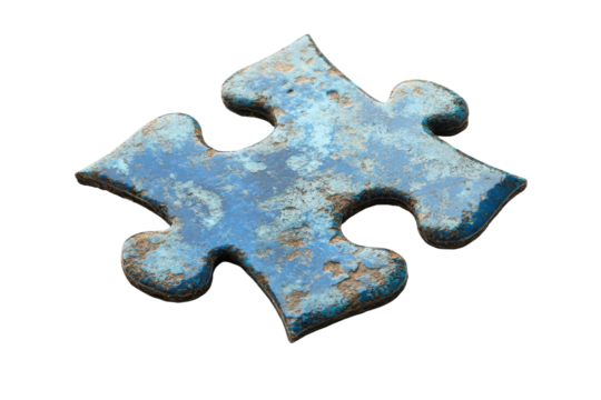 Blue metallic puzzle pieces isolated on transparent background. Blue textured puzzle piece with a rough surface isolated on white background.