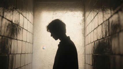 A shadowy figure stands in a narrow corridor, illuminated by soft light, creating a contemplative atmosphere.