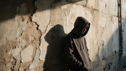 A person in a hoodie stands against a weathered wall, casting a long shadow, illuminated by soft sunlight, creating a moody atmosphere.