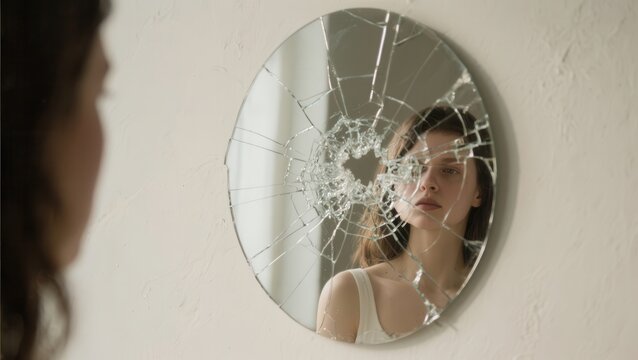 A woman gazes at her reflection in a shattered mirror, symbolizing fractured self-perception and inner turmoil.