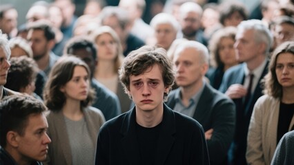 Obraz premium A somber crowd surrounds a young man, conveying deep emotion and introspection in a moment of collective grief or reflection.