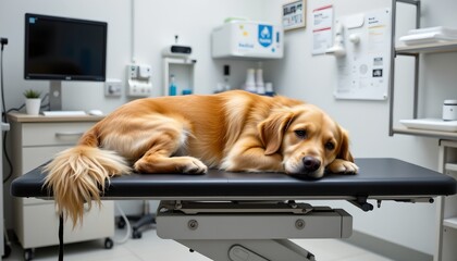 a brown dog is lying on a black examination table in a medical setting.