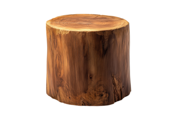 Round wooden cutting board isolated on transparent background. Large wooden pedestal cylinder ideal for product display or decorative isolated on white background.