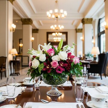 flowers placed on a luxurious table and there are glass plates next to it