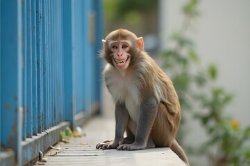 Naklejka premium Funny Smiling Monkey Sitting on a Ledge Near Blue Fence on a Sunny Day with Human-Like Facial Expression and Cute Appearance in Natural Outdoor Environment