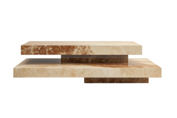 Two stacked rough cut stone blocks isolated on transparent background. Minimalist beige and brown tiered countertop with a sleek design isolated on white background, 3D Rendering.