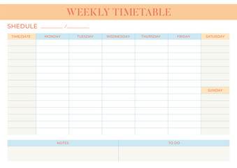 Weekly timetable schedule planner template minimalistic design. Daily week plan. Horizontal page organizer