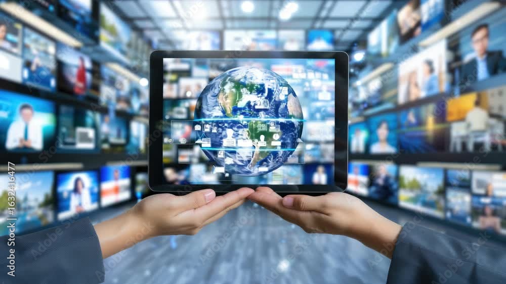 Poster hands present a tablet with a digital globe, surrounded by multiple screens featuring diverse visual