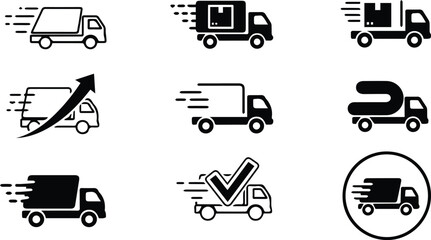  delivery truck icon set isolated on white background fast shipping, express service, and transportation for business and logistics needs