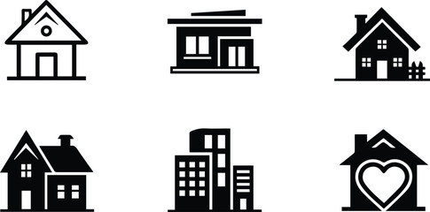  collection of six diverse house and building icons isolated on white background, representing real estate, architecture, and urban development in black and white