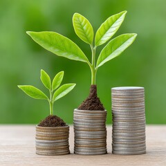 Saplings Growing from Stacks of Coins on Wooden Surface