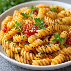 Savory Spiral Pasta with Red Sauce and Fresh Herbs in White Bowl On Gray Table