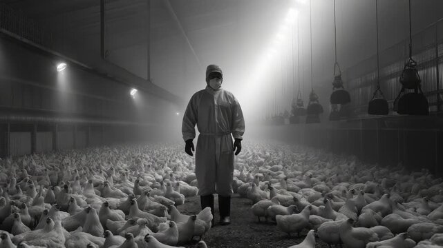 Shows worker wearing protective suit, walking amidst large flock chickens inside poultry farm. scene is illuminated by bright overhead lights.