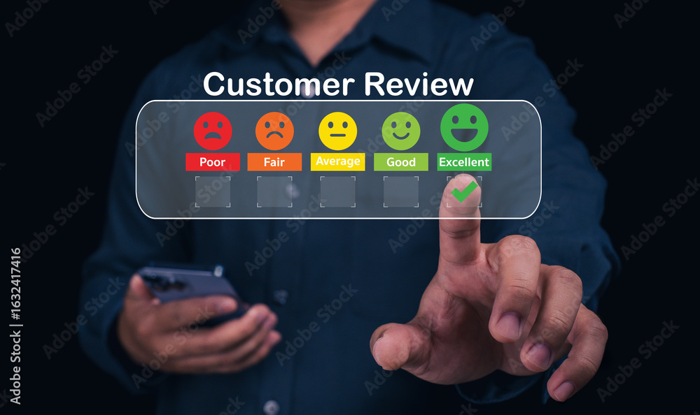 Poster a person is giving a customer review using a mobile device, with a visual scale indicating satisfact
