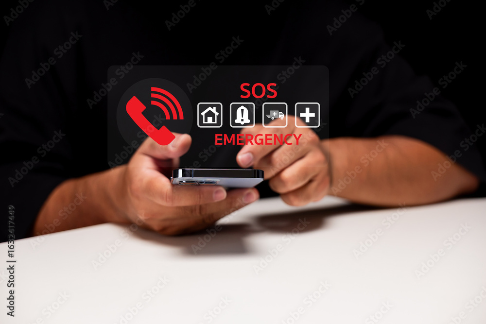 Poster a person holding a smartphone displaying an emergency sos interface with various icons symbolizing u
