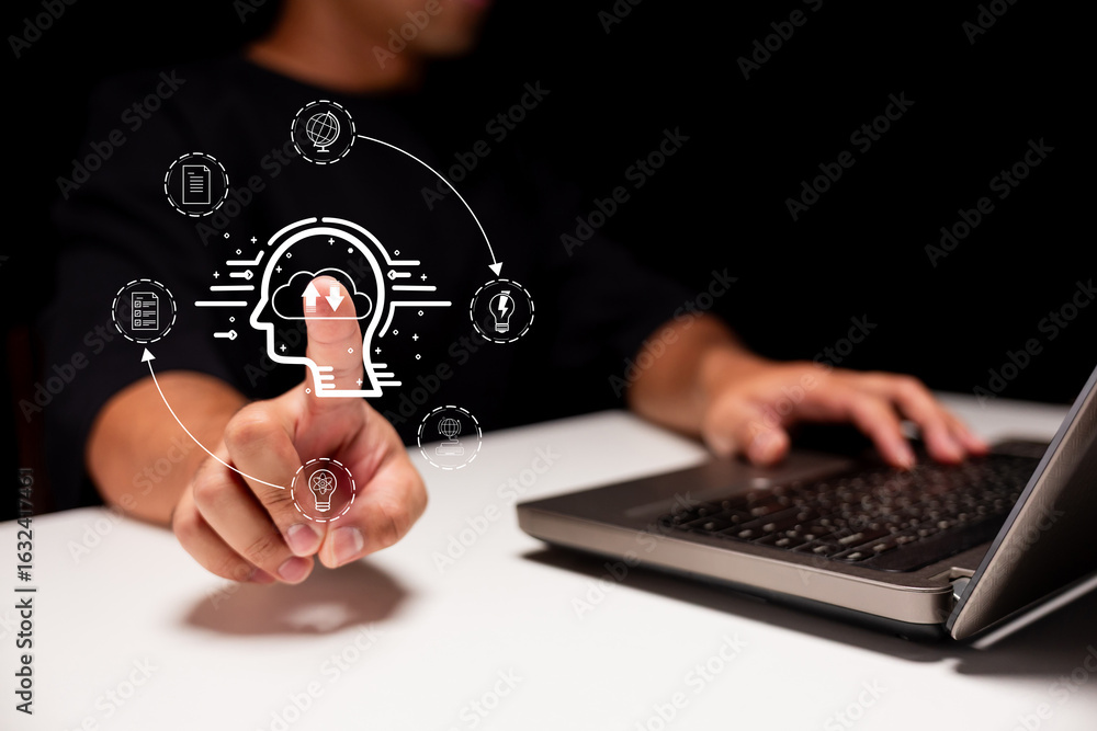 Aufkleber a person interacts with a digital interface using their finger, surrounded by icons representing ide