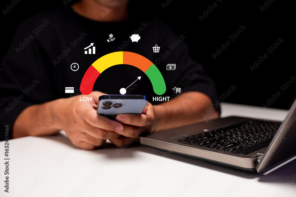 Poster a person is using a smartphone next to a laptop, with a digital gauge indicating performance levels,