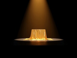 High quality photo of a golden podium covered in silk fabric under a spotlight, ideal for a stage presentation, award ceremony, or product reveal in a luxurious setting