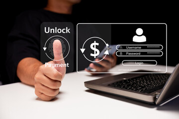 A person gives a thumbs-up while interacting with a digital payment interface on a laptop, showcasing modern online banking technology.