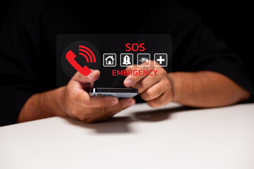 A person holding a smartphone displaying an emergency SOS interface with various icons symbolizing urgent assistance.