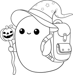 spooky cute ghost with bag of books in halloween outline cartoon coloring design