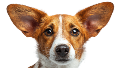 Close-up of a dog with large, upright ears.  The dog's fur is a mix of reddish-brown and white.  Its eyes are looking directly at the viewer, and its expression is alert and curious