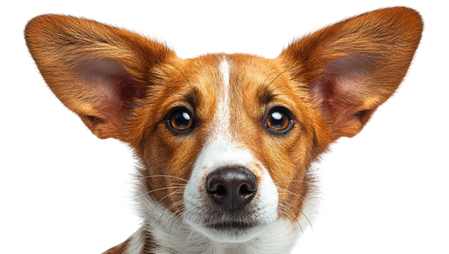 Close-up of a dog with large, upright ears.  The dog's fur is a mix of reddish-brown and white.  Its eyes are looking directly at the viewer, and its expression is alert and curious