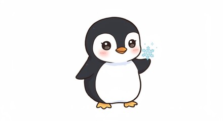 Fototapeta premium Adorable penguin joyfully holds a snowflake in soft light. AI Generated