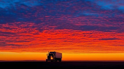 Semi Truck Silhouette at Sunset on a Desert Plain