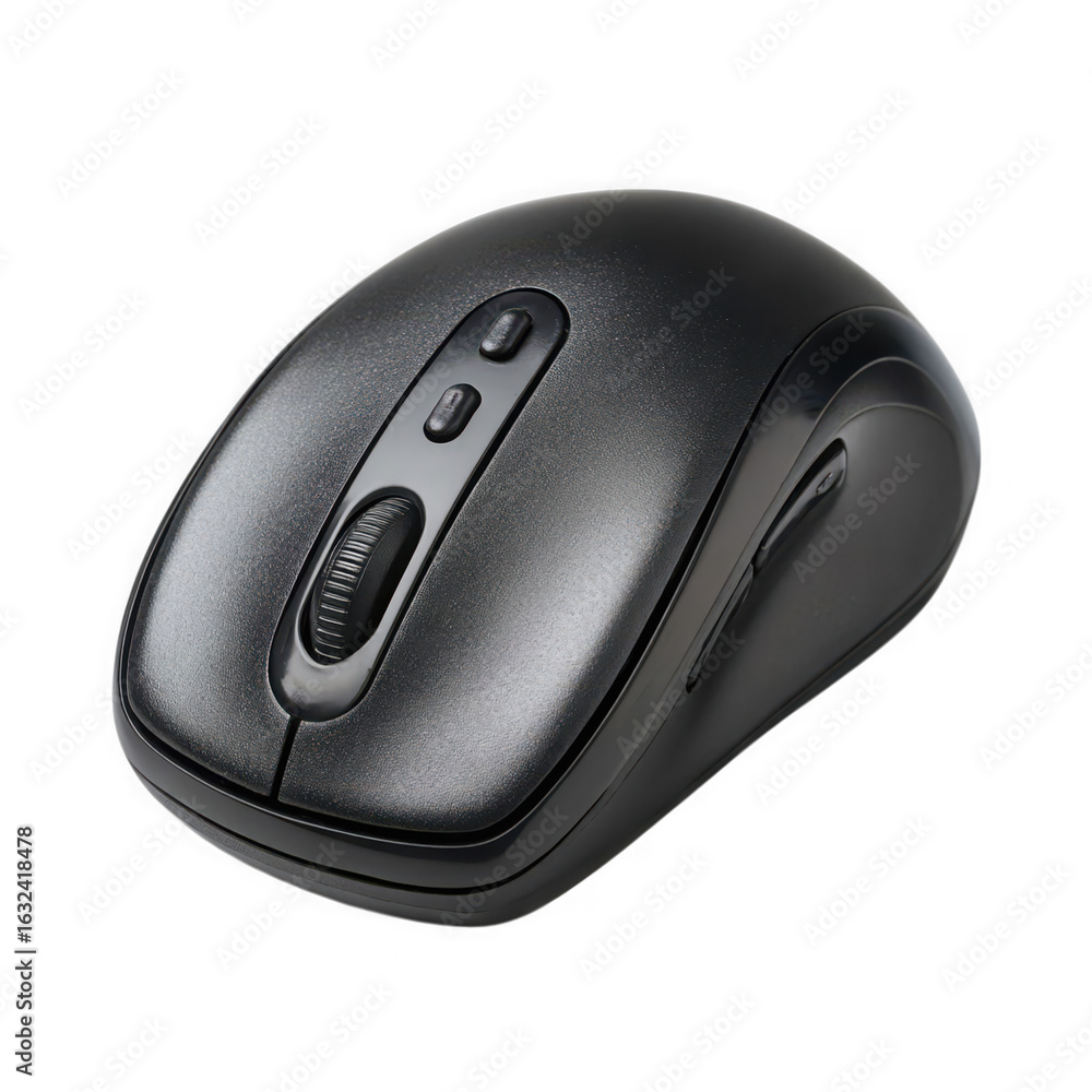 Fototapete close up of a black computer mouse with scroll wheel isolated on transparent background