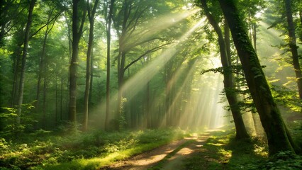 Obraz premium Sun rays filter through misty autumn foliage in a tranquil morning forest landscape