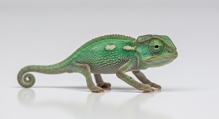 Fototapeta premium Juvenile chameleon gracefully poses soft light illuminates vibrant green scales. AI Generated