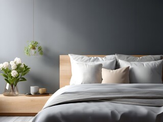 Minimalist Bed with Pillows and Flowers