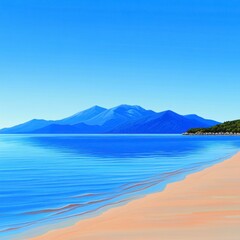 Serene Beachscape Blue Water, Sandy Shore, and Hazy Mountains