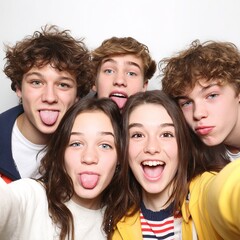 Fototapeta premium Group selfie of teenagers friends making funny faces and sticking tongues out for social media post photo booth