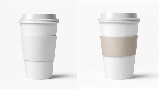 Two white coffee cups with a beige sleeve