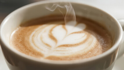 Steaming Cup of Coffee with Heart-Shaped Latte Art