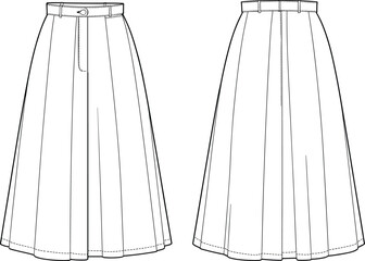 Flat sketch of women's pleated A-line midi skirt with waistband, belt loops, front closure, technical fashion illustration for designers.