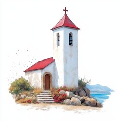 Serene Coastal Church Watercolor Painting Whitewashed Walls, Red Roof, Rocky Outcrop