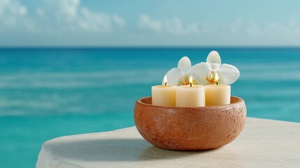 Serene Coastal Scene Beige Candles and White Orchid by Ocean