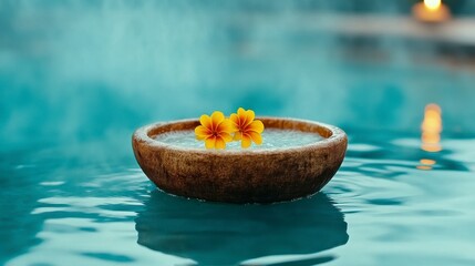 Serene Floating Flowers in Wooden Bowl on Calm Blue Water