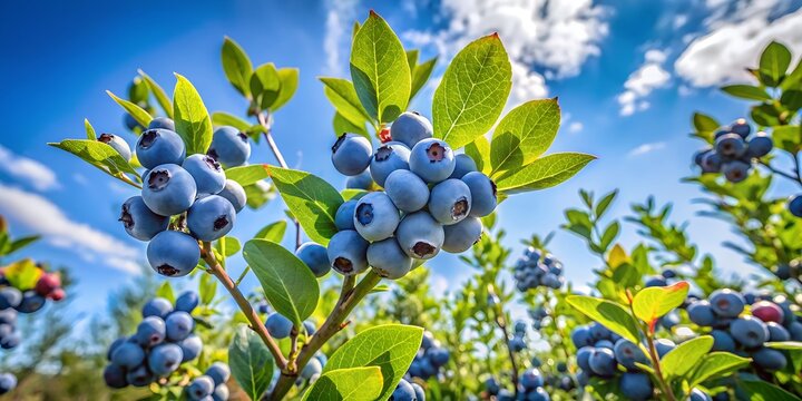 Closeup of ripe blueberries on a bush with green leaves, under a blue sky, showcasing the beauty of nature and healthy eating