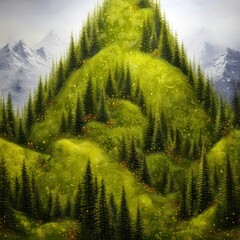 Serene Green Hills and Evergreen Trees Under an Overcast Sky