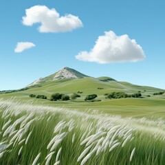 Serene Hillside Landscape with White Flowers and Blue Sky
